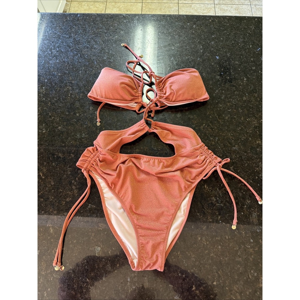 Victoria's Secret One Piece Monokini Swimsuit Bandeauβ Ruching Rust Shimmer Sz M